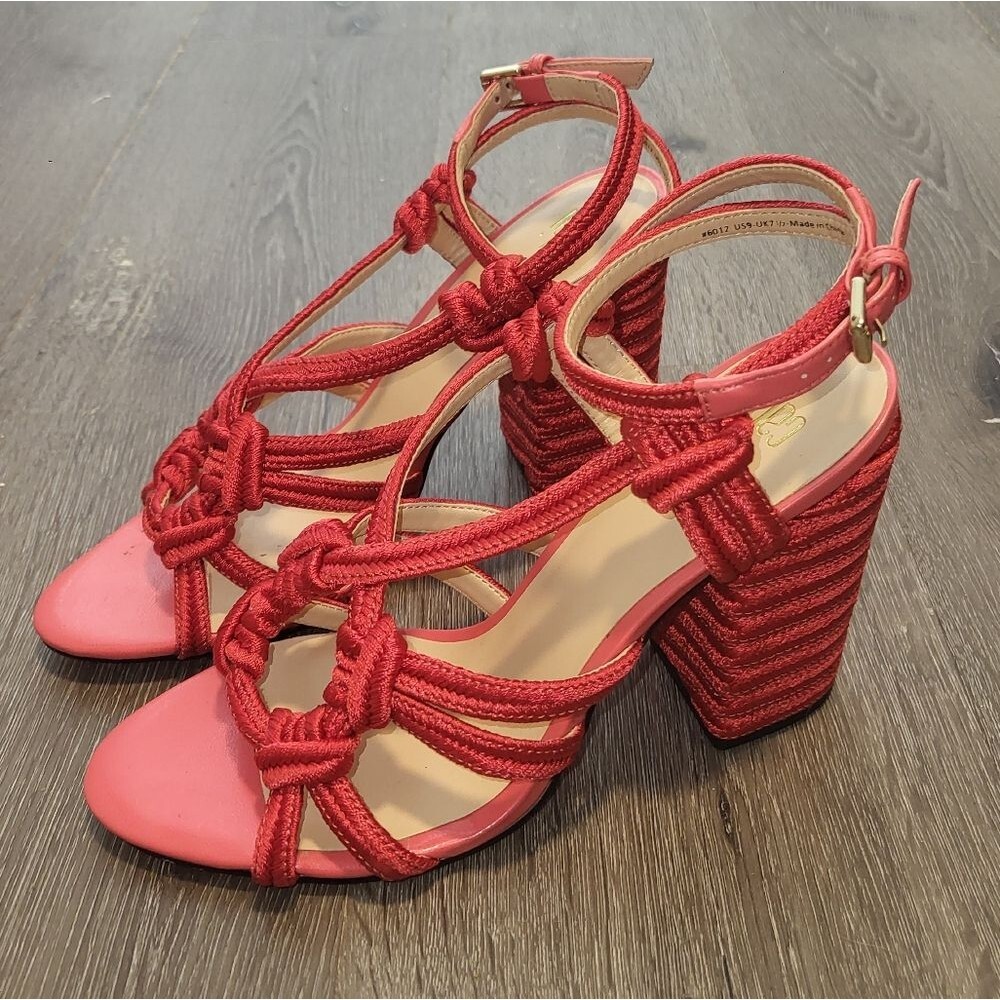 Cabi Tiptoe Braided Red Strappy Open Toe Stacked Heel Sandal 9